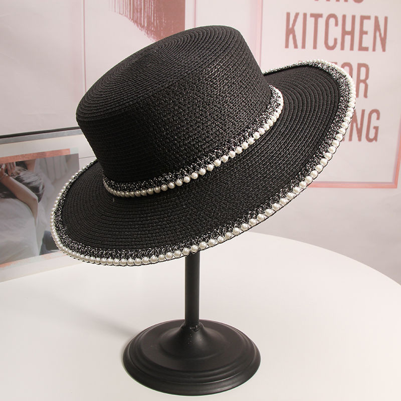 New French Style Wide Brim Straw Sun Hat with Pearl Trim